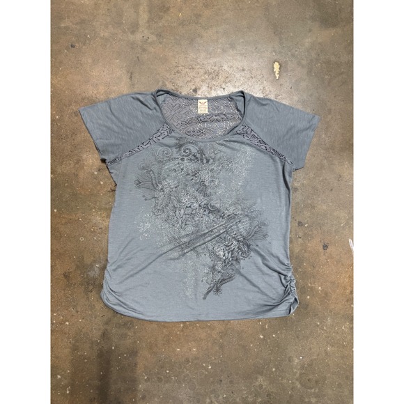 Faded Glory Tops - Faded Glory Women XXL 20 Gray Lace Back Ruched T-Shirt Silver Glitter Y2K Top